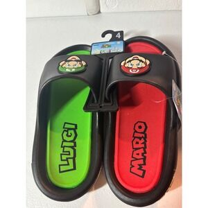 Kids Nintendo Super Mario Luigi Mario Pillow Slide Sandals Black‎ Size 4 NEW